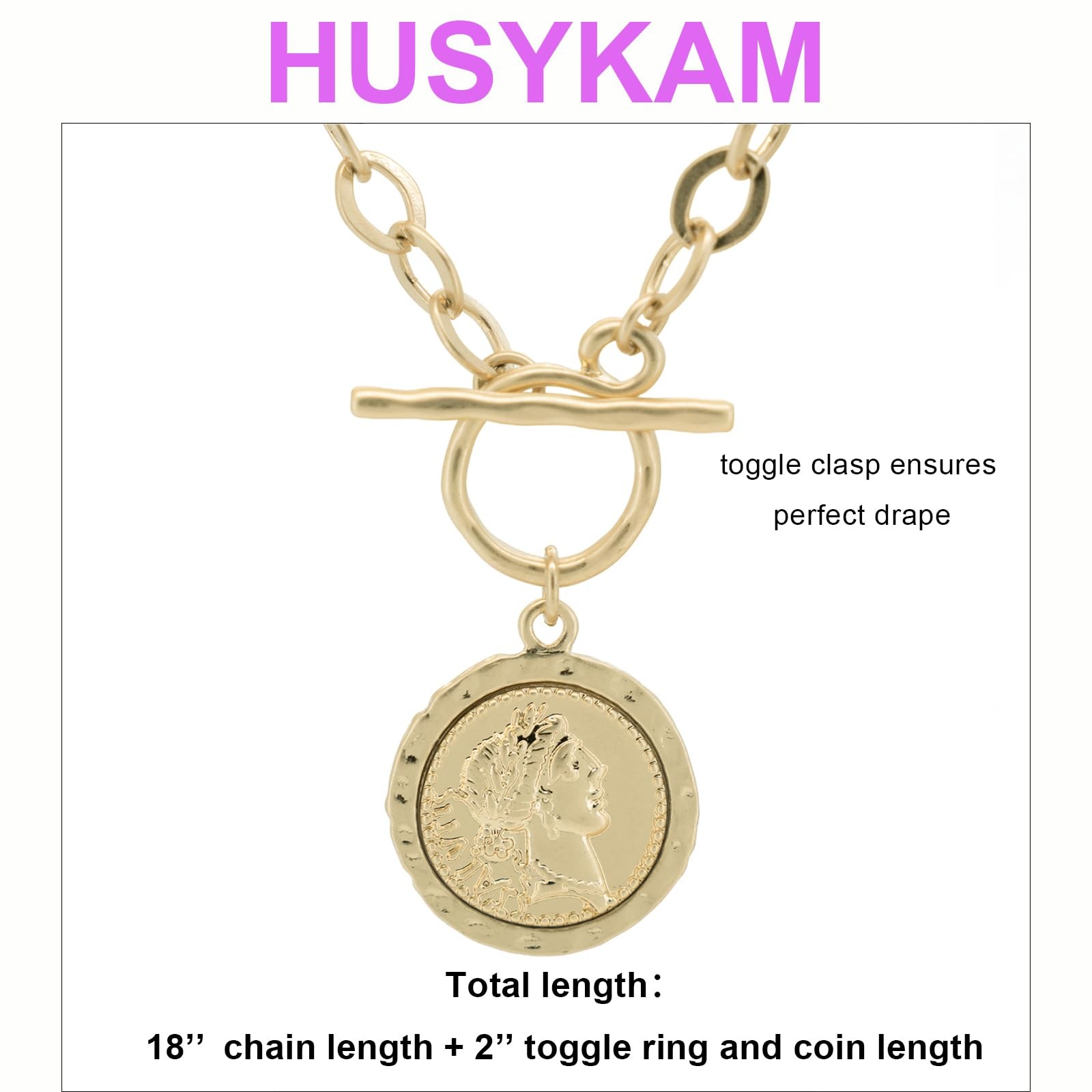 Husykam Chunky Coin Antique Gold Plated Thick Link Standard, Worn Gold-2