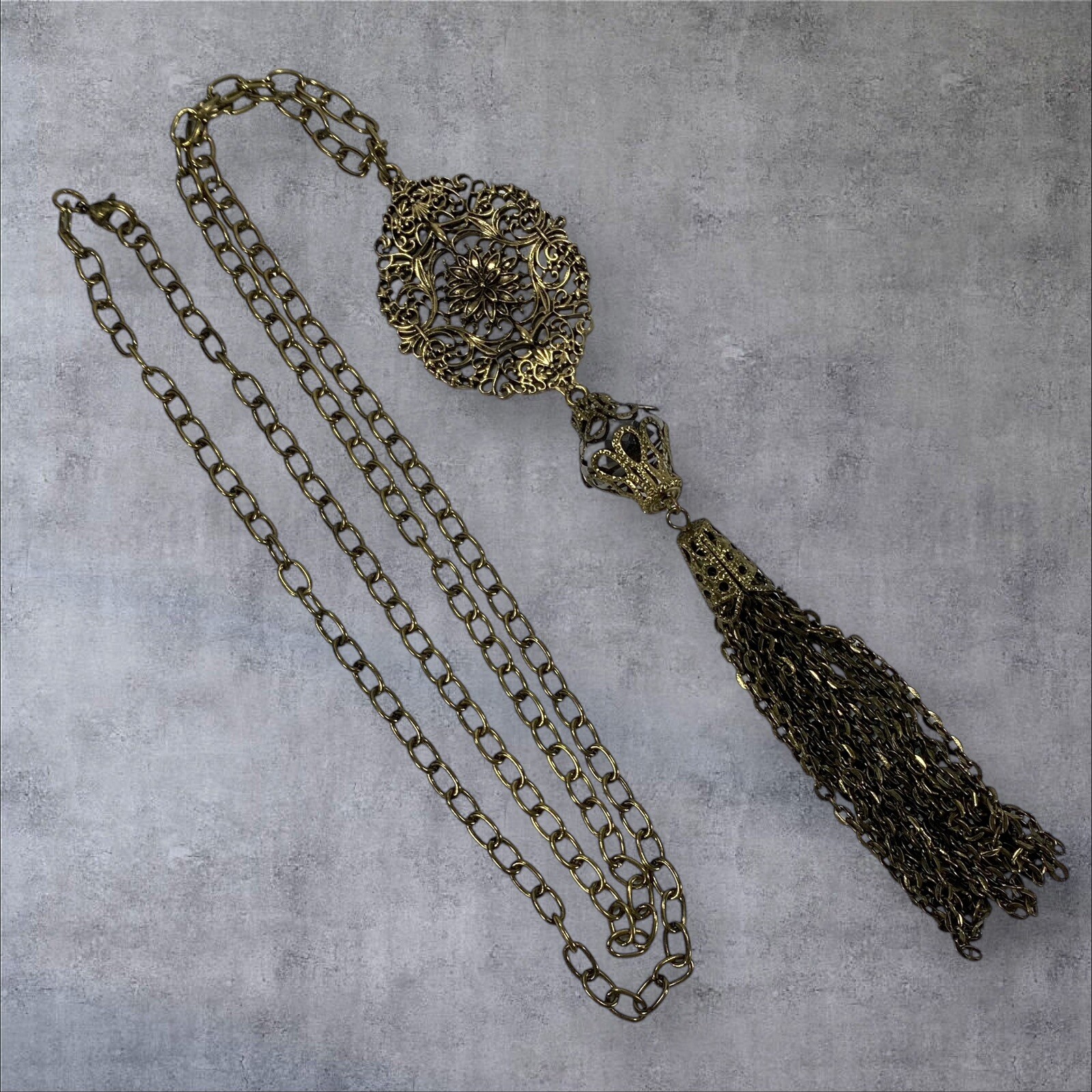 Vintage Antiqued Brass Necklace Link Chain Filigree 29 in + Tassel Pendant