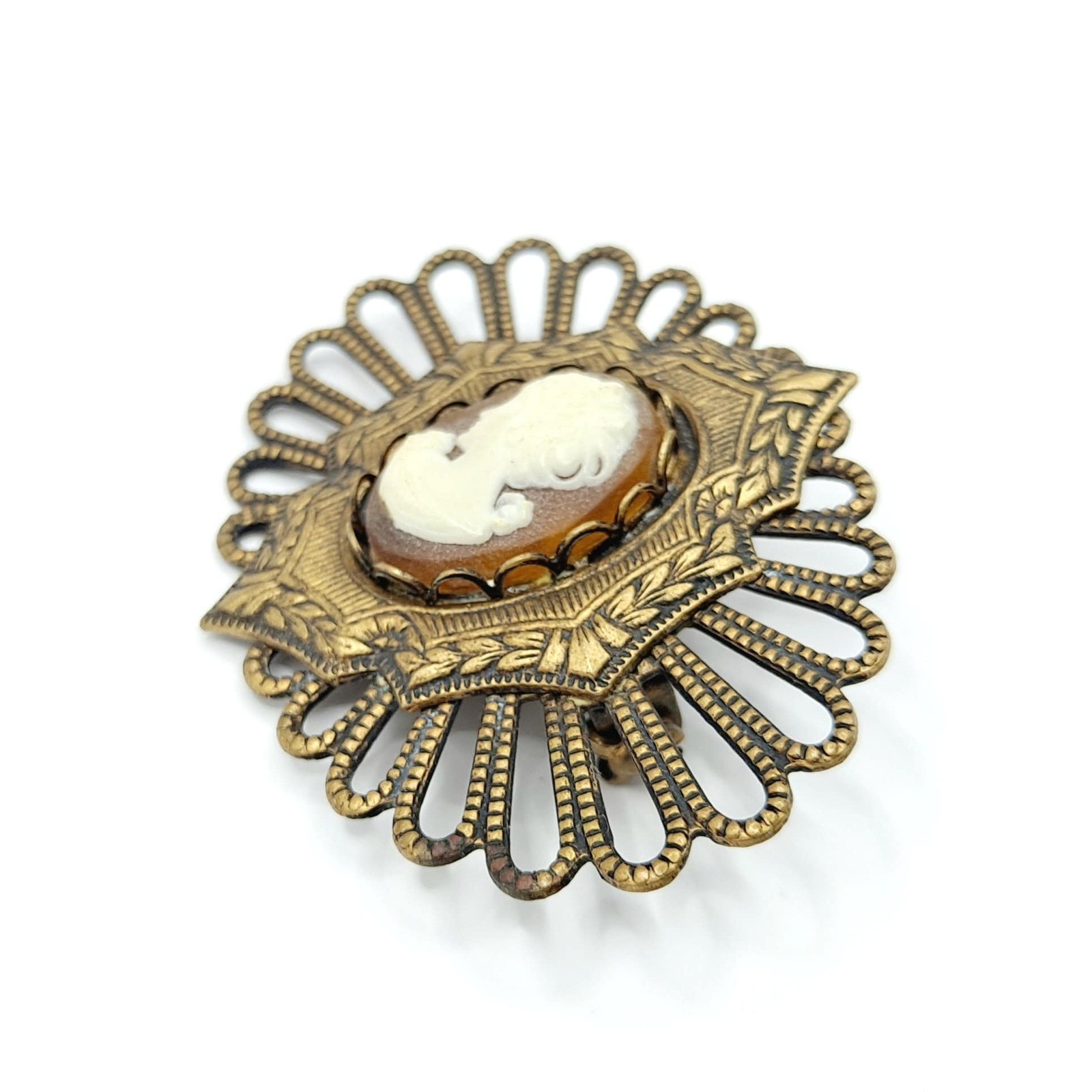 Vintage Cameo Brooch: Victorian Revival Goldtone Leaf Brooch