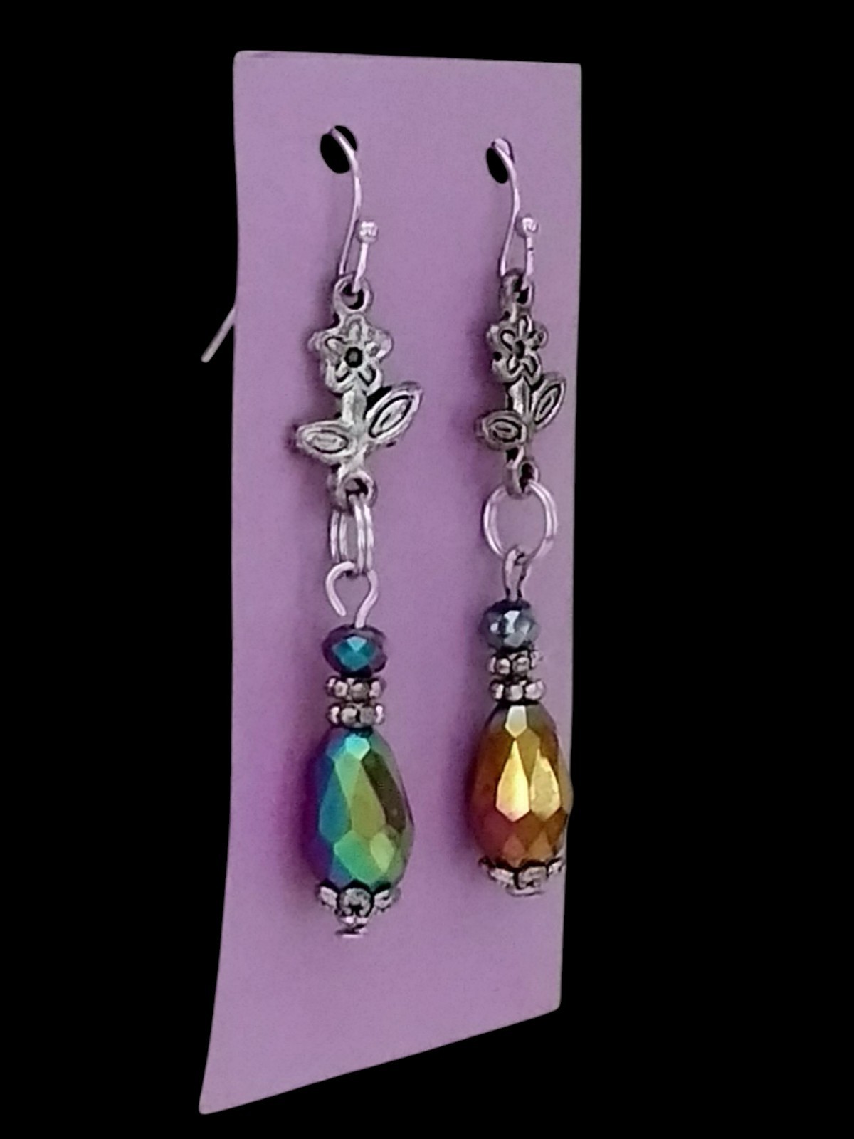 Handcrafted IRRIDESCENT BEADS SILVERTONE FLOWERS Double-Sided Dangle Earrings