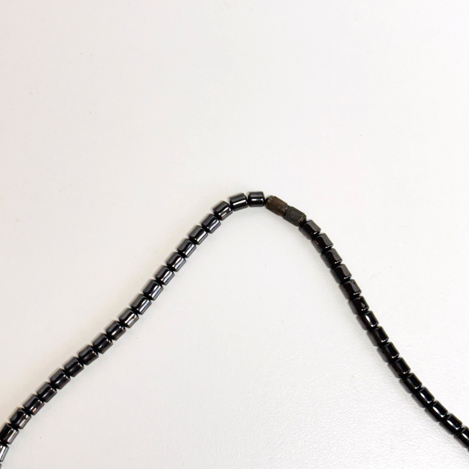 HEMATITE stone necklace teardrop pendant tube beads nylon cord barrel clasp 17″