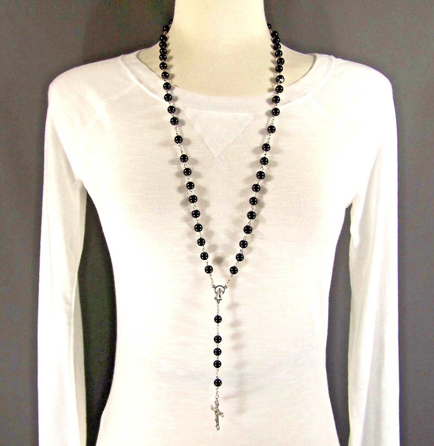 Black faux pearl glass bead beaded rosary silver cross 30″ long necklace