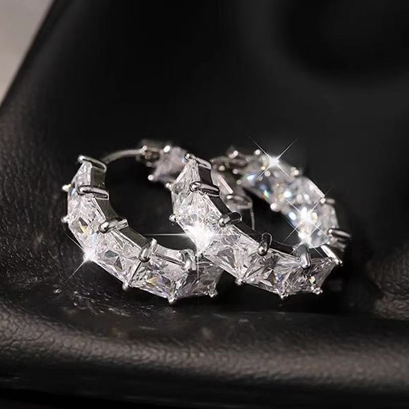 16mm Women White Gold Plated CZ Sparkling Round Hoop Huggie Earring Stud