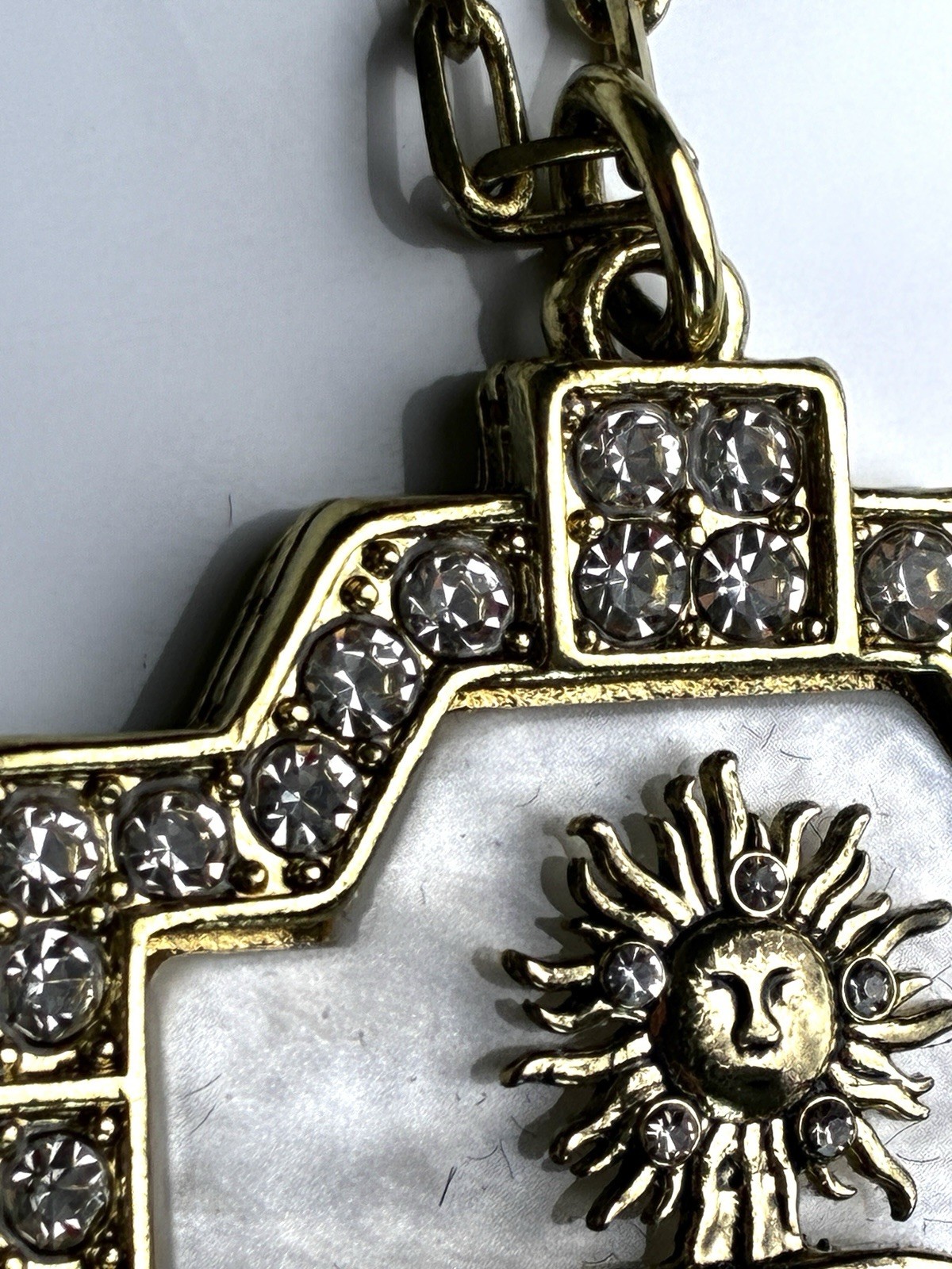 Gemini Zodiac Celestial Pendant Necklace Gold Tone Mother of Pearl Rhinestone