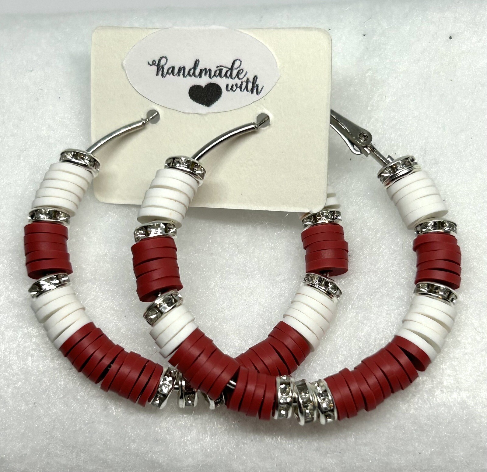 Alabama Crimson Tide Inspired Heishi Bead Continuous Hoop Red & White Earrings
