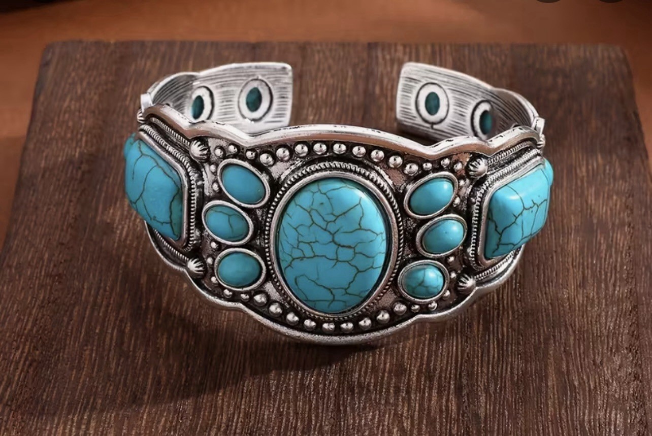 Turquoise Cuff Bracelet Western Boho Silvertone Jewelry