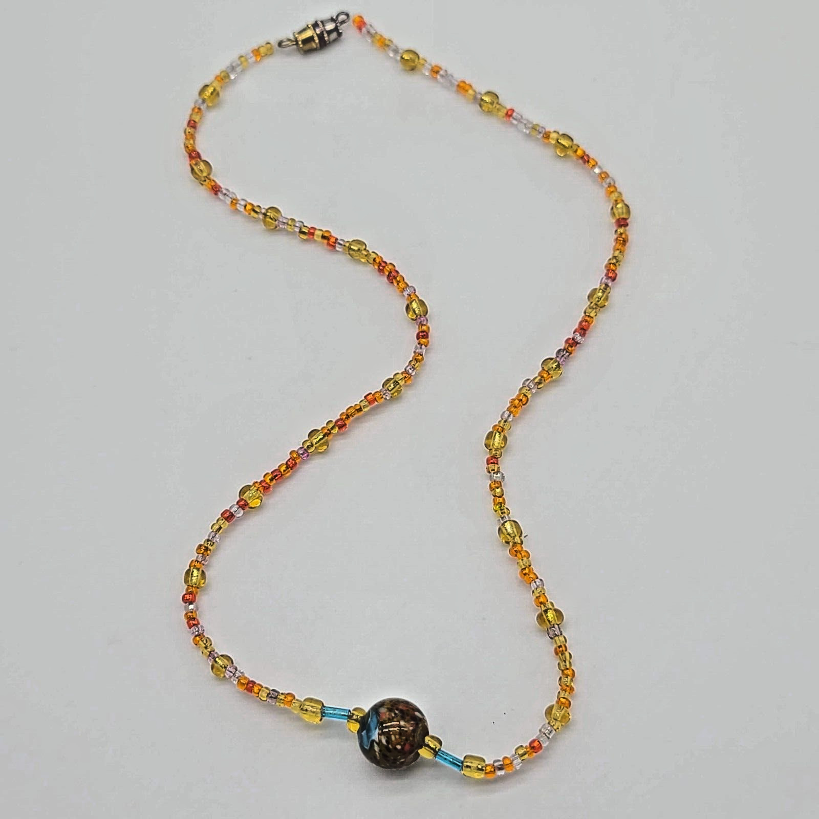 Orange, Yellow & Clear Seed Bead Necklace w Multi-Color Swirled Glass Pendant