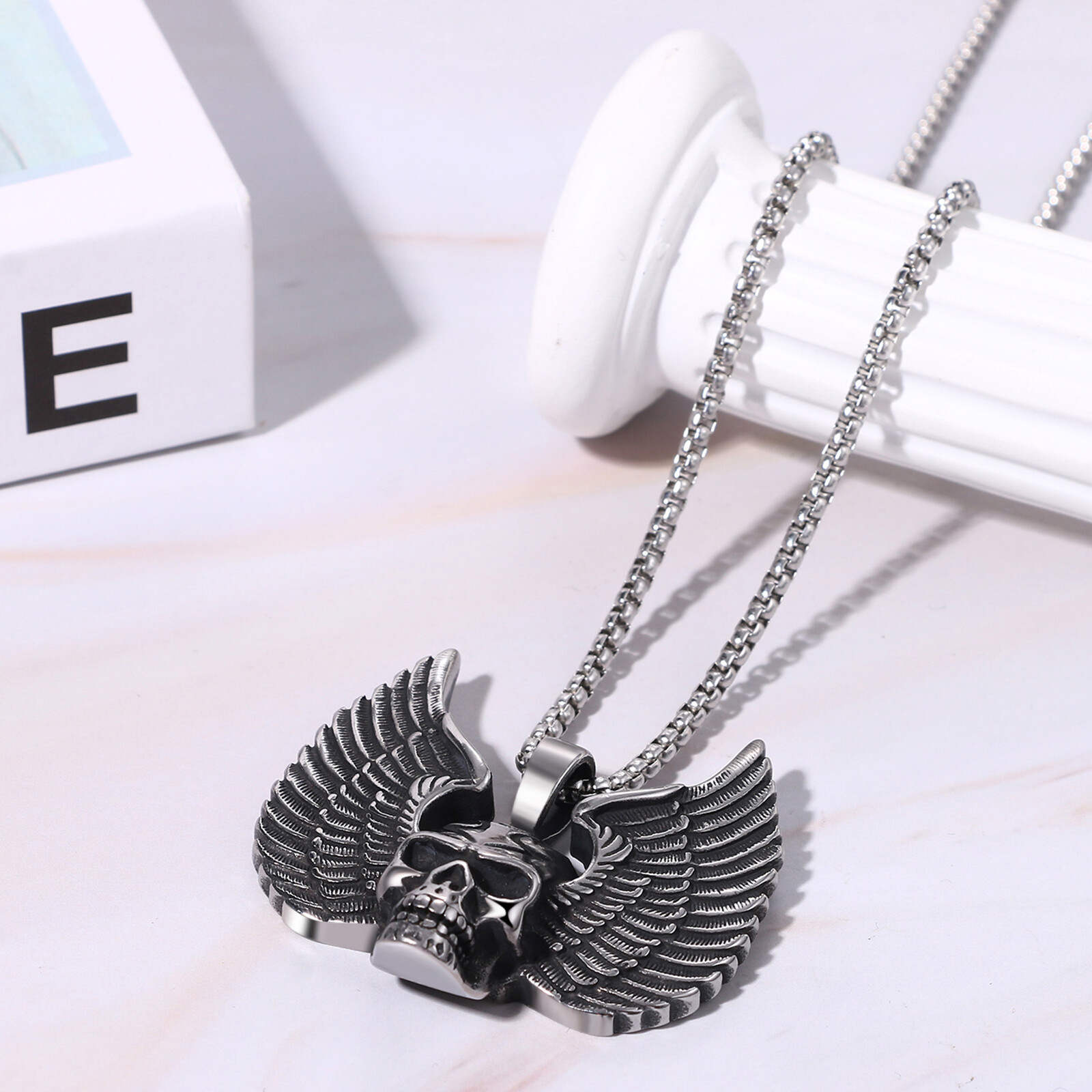 Biker Mens Gothic Angel Skull Head Pendant Stainless Steel Necklace Punk Jewelry