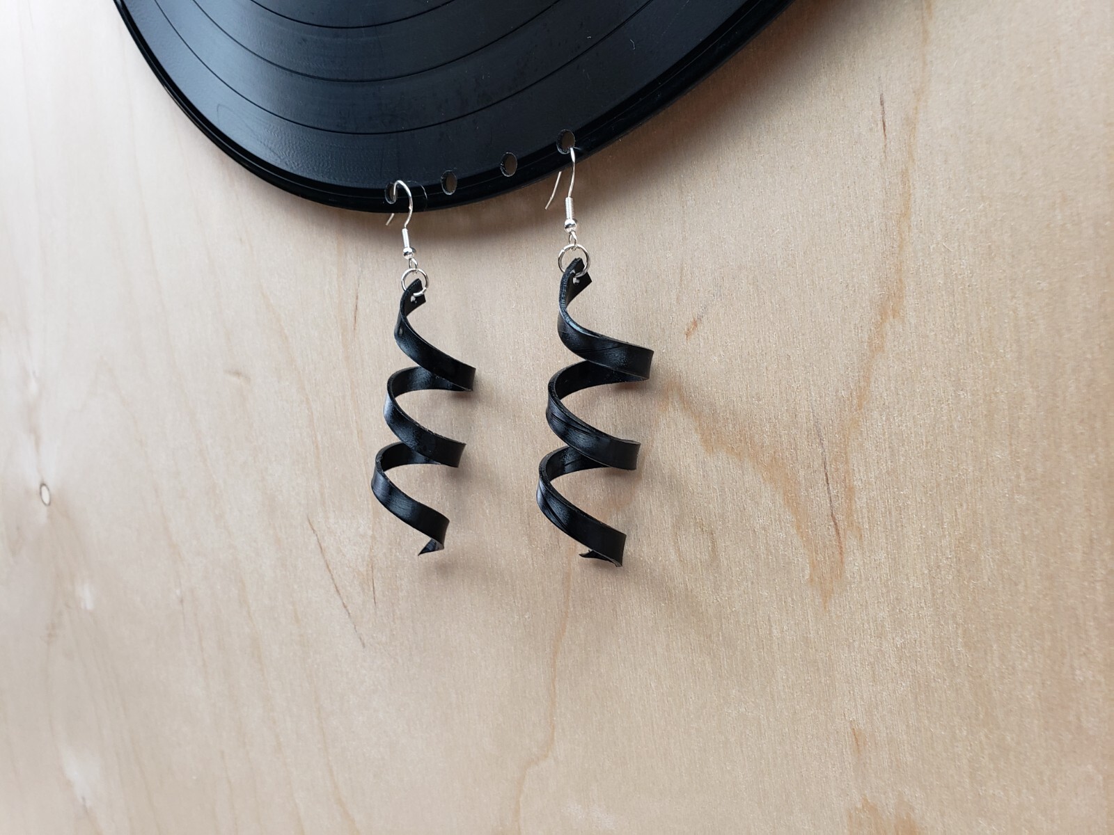 Repurposed Record Earrings Spiral Ribbon Artsy Made From Vintage Music LP Albums