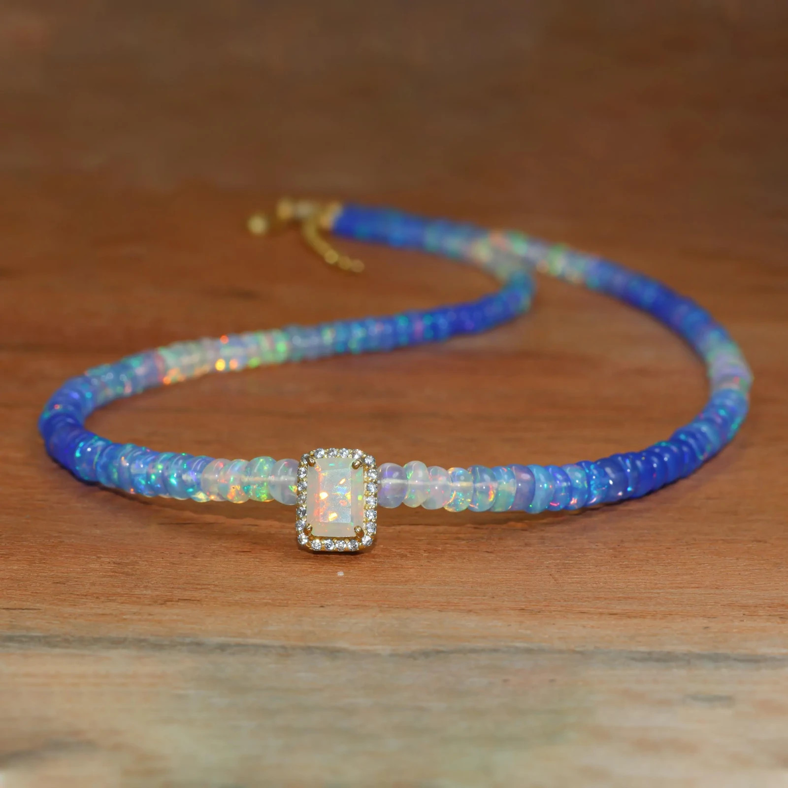 Blue Shaded Opal Smooth Bead Charm Necklace, Genuine Octagon Opal Charm Necklace