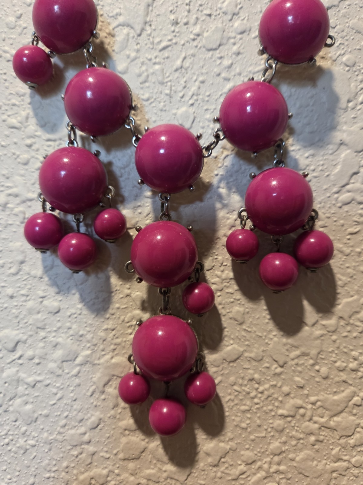Pink Beaded Statement Necklace Silver Tone Cable Chain Lobster Clasp