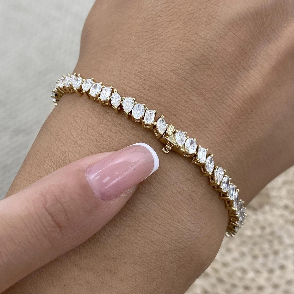 5ct Pear & Emerald Cut Simulated Diamond Tennis Bracelet 14k Yellow Gold Plated
