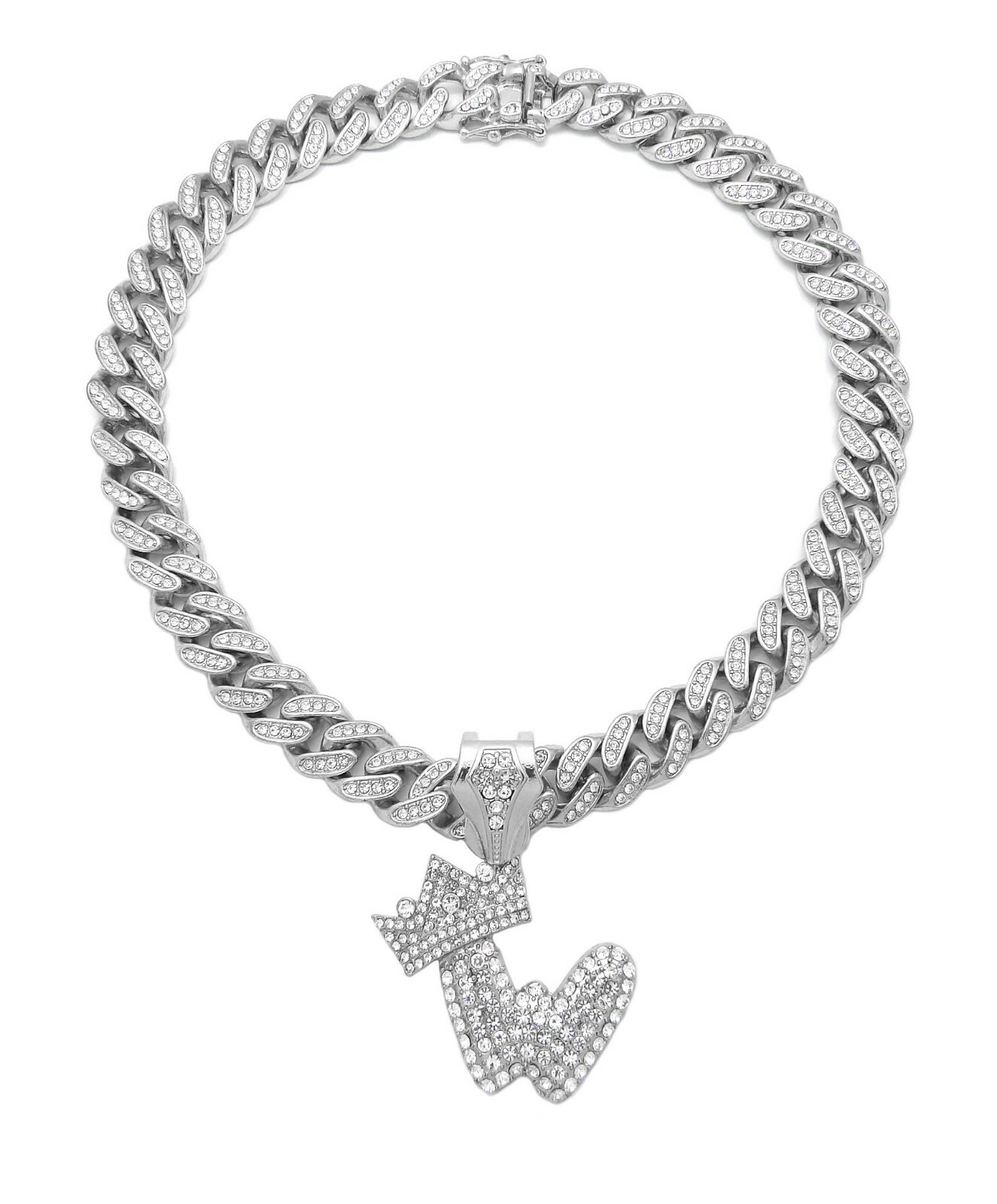 Silver PT Bubble Alphabet W Pendant 16″ ~ 24″ Iced Cuban Box Lock Chain Necklace