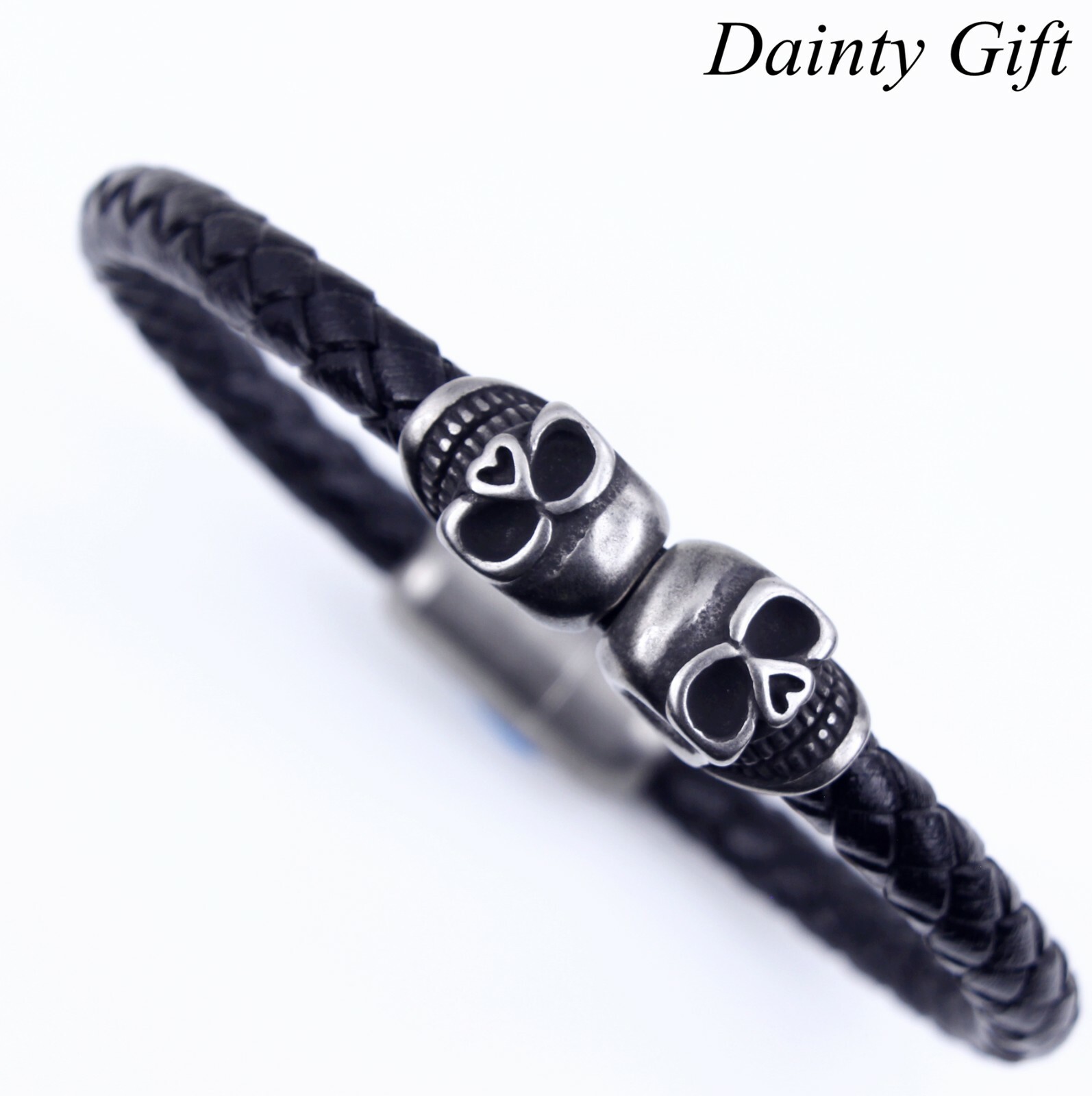 MEN Women Stainless Steel Skull Black Braided Leather Band Bracelet Bangle 7-8.5