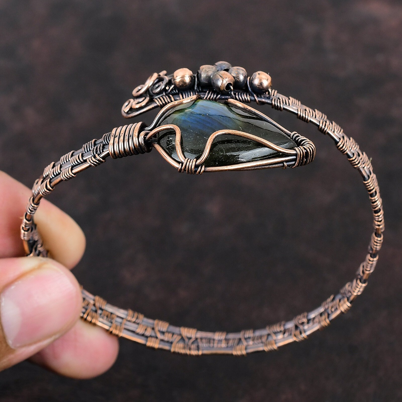 Labradorite Wire Wrapped Adjustable Cuff Handcrafted Copper Ethnic Gift Jewelry
