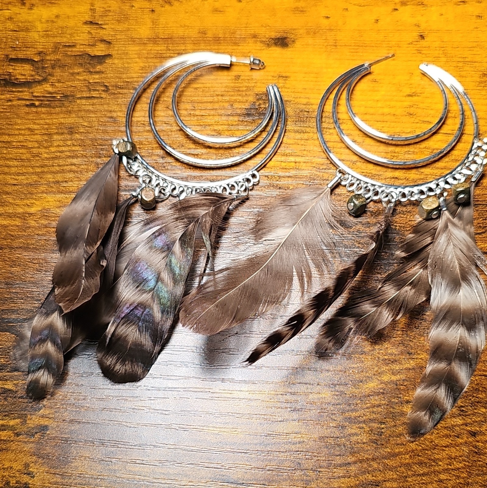 Silver Tone Crescent Hoop Brown Feather Dangle/Drop Earrings Hook Bohemian