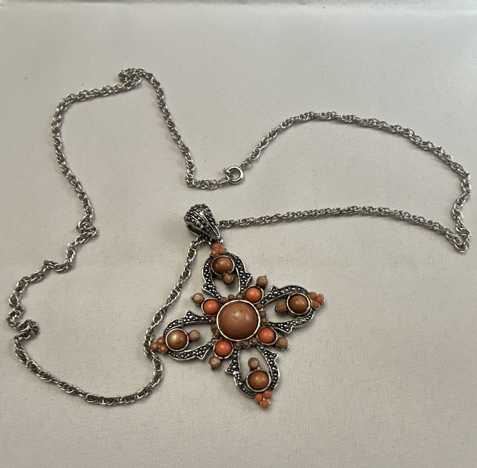Silver Tone Cable Chain Necklace Cross Charm Pendant Bezel-Set Orange Stones