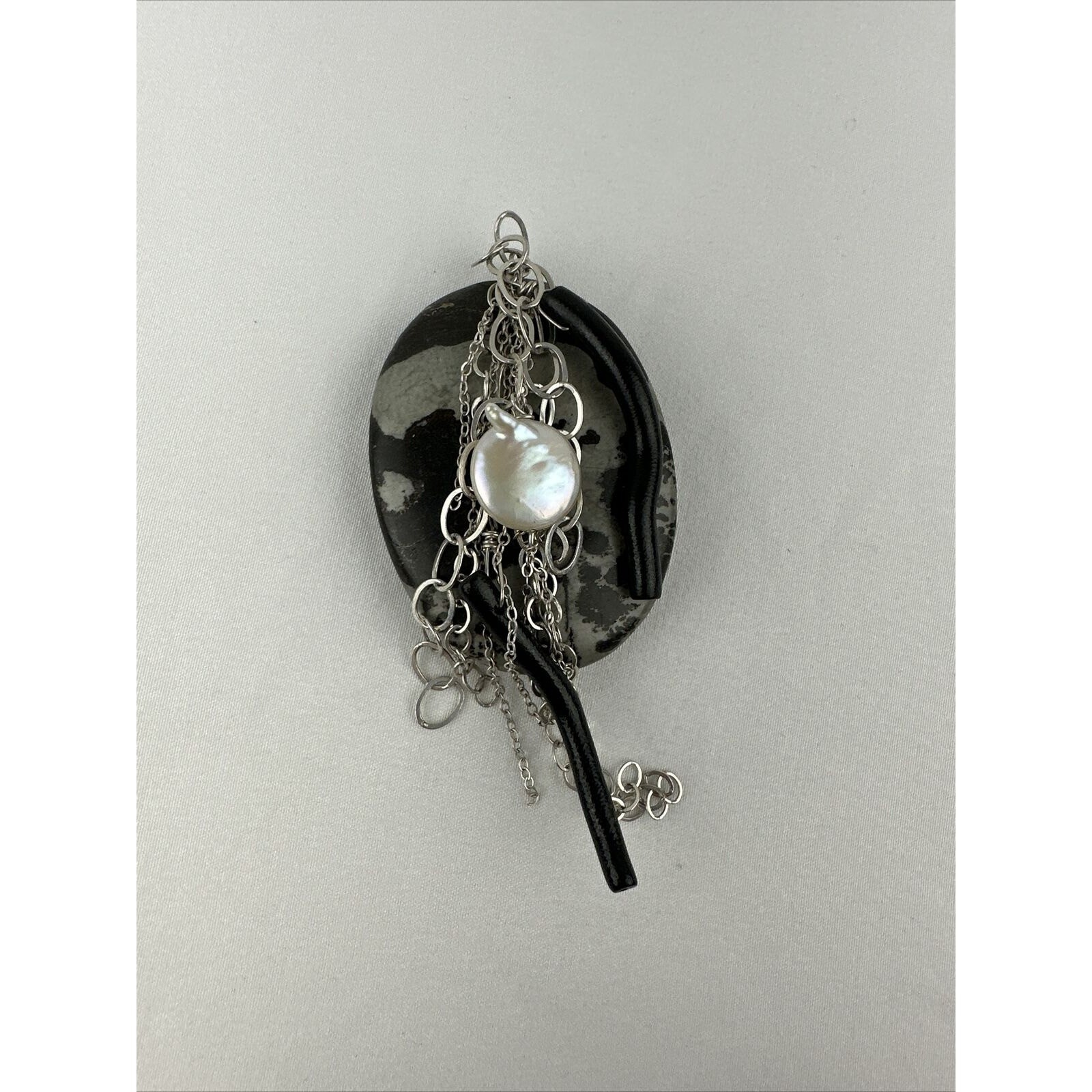 Artist Made Pendant Sterling Silver Chain Natural Pearl Marble Zebra Jasper