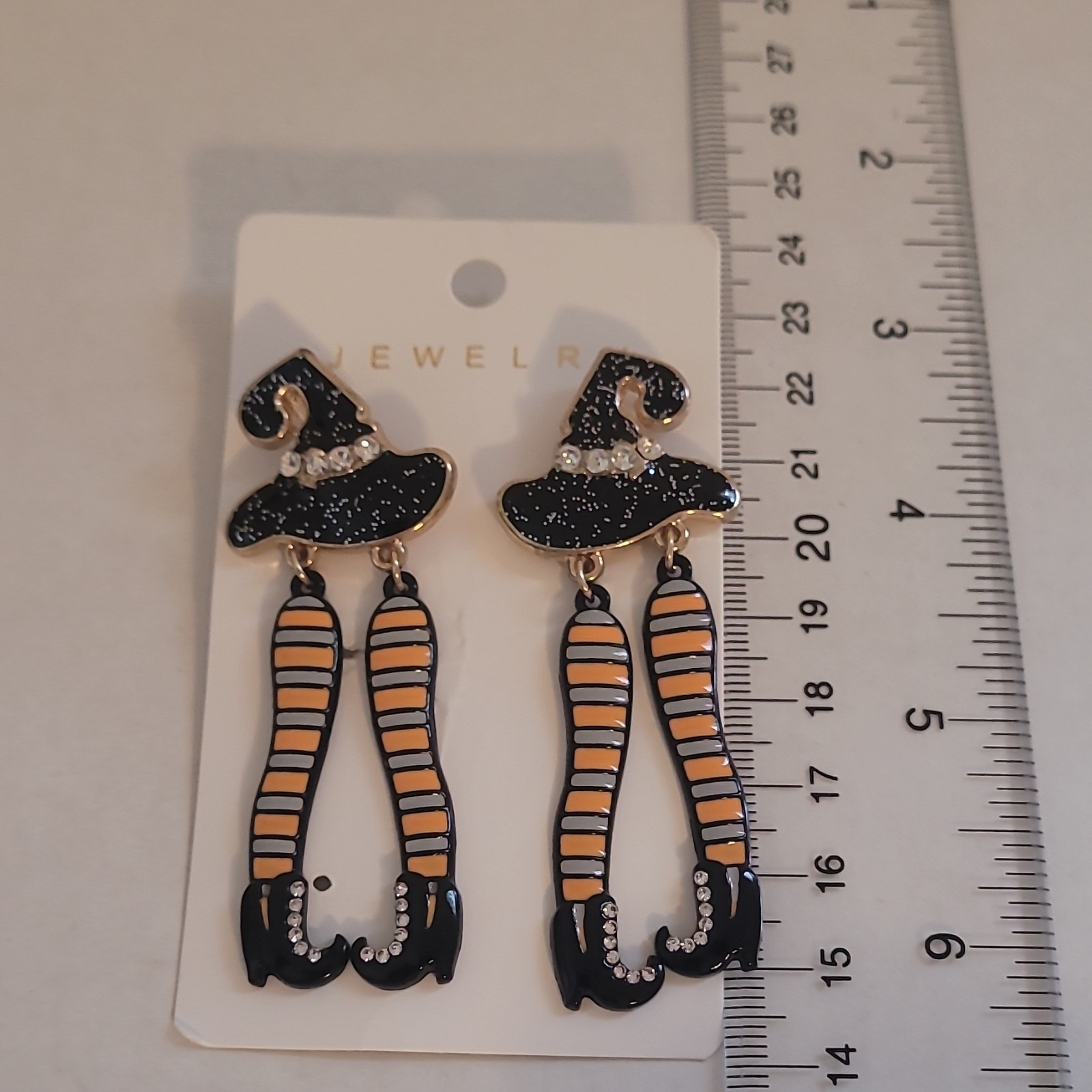 Halloween Witch Hat &Striped Legs Dangle Earrings Black Orange Rhinestone Enamel