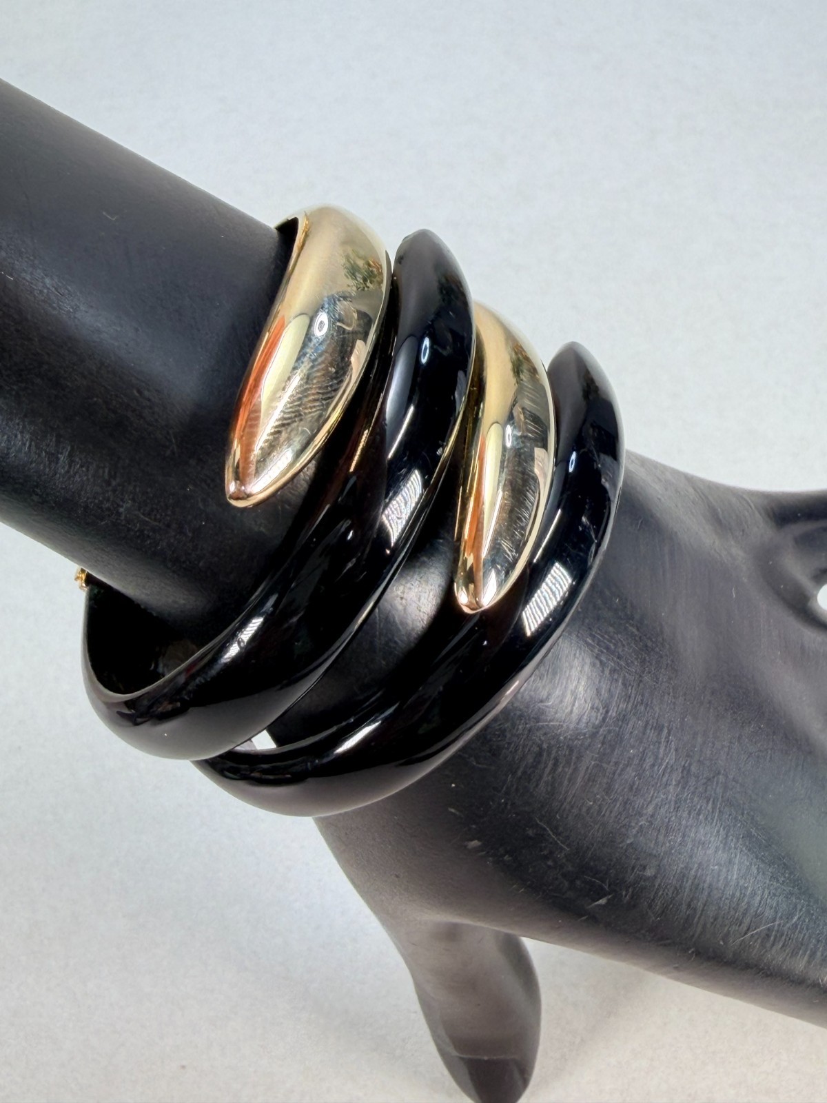 Bold Black Gold Tone Hinged Clamp Bracelet Modern Statement Cuff