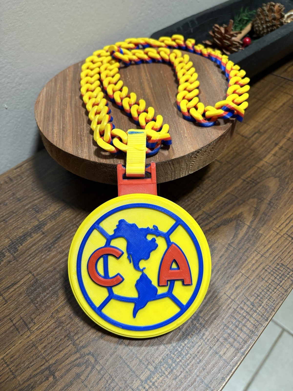 Club America CA Medal Pendant Necklace Cuban Link Chain Plastic Yellow Blue Red