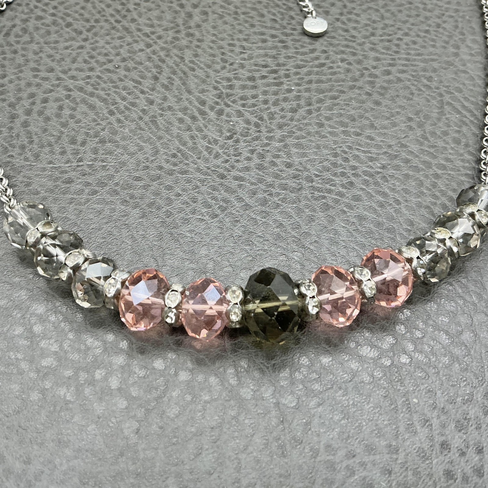 LOFT Necklace Silver Tone Pink Gray Crystal Beaded Womens Statement Jewelry 18″