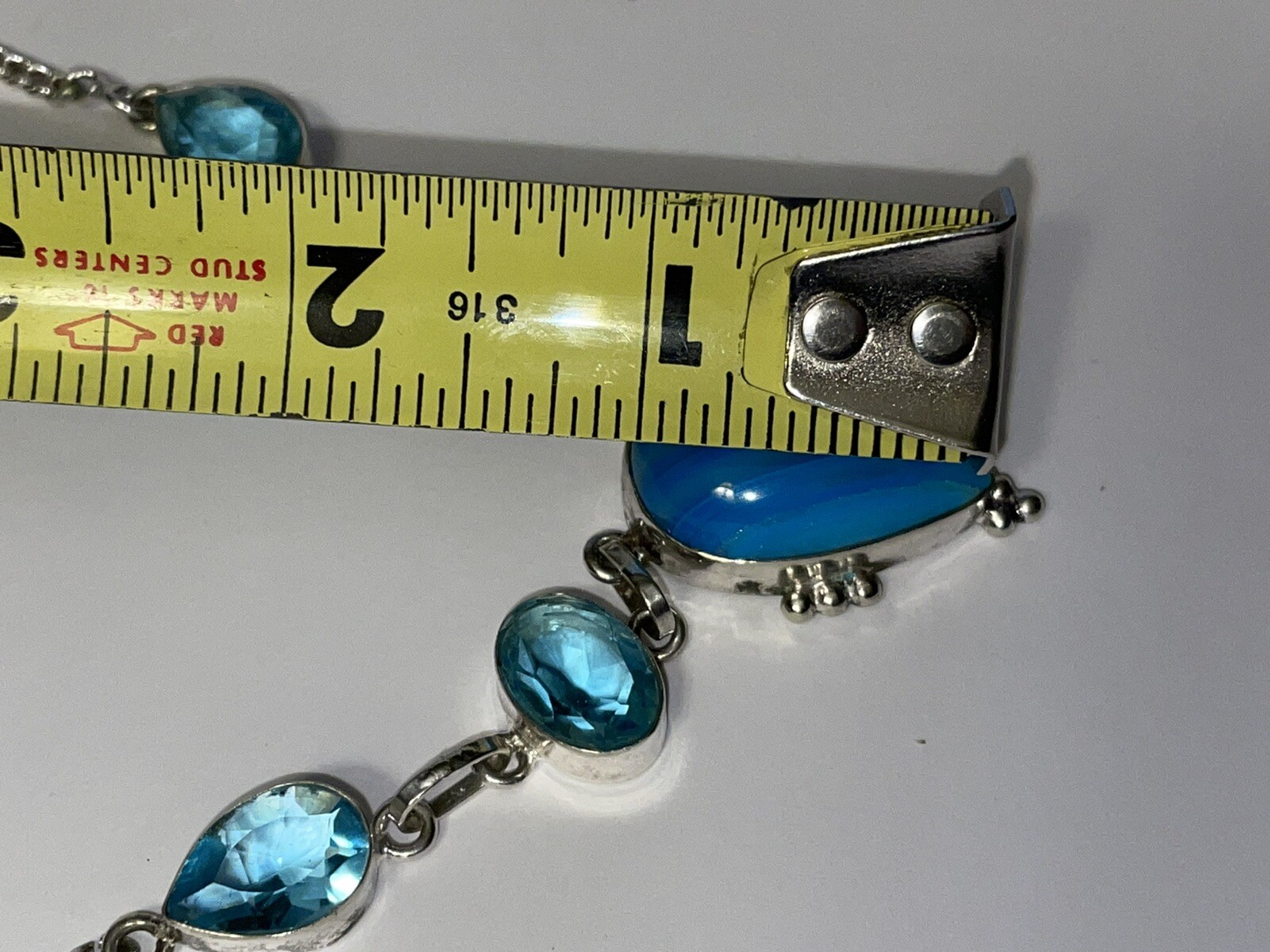 STERLING SILVER 925 NECKLACE 17″ Teardrop Blue gems 27 grams