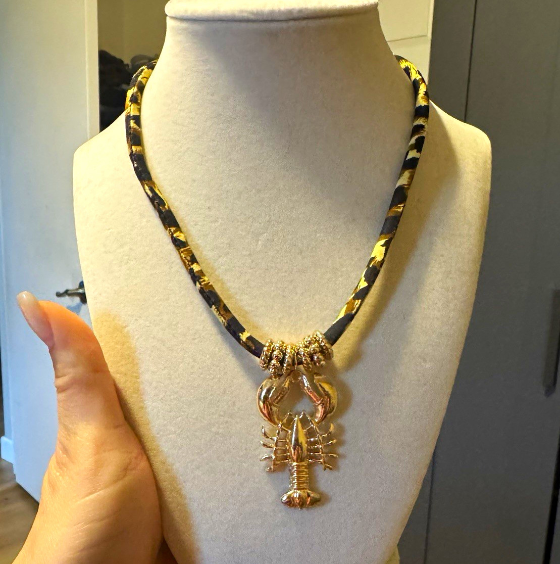 Gold Tone Lobster Charm Pendant Necklace on Black Chain/Cord, Metal, No Stone