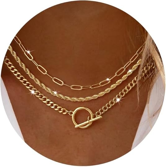 Layered Necklaces for Women Non Tarnish- Chunky 14K Gold Plated Herringbone