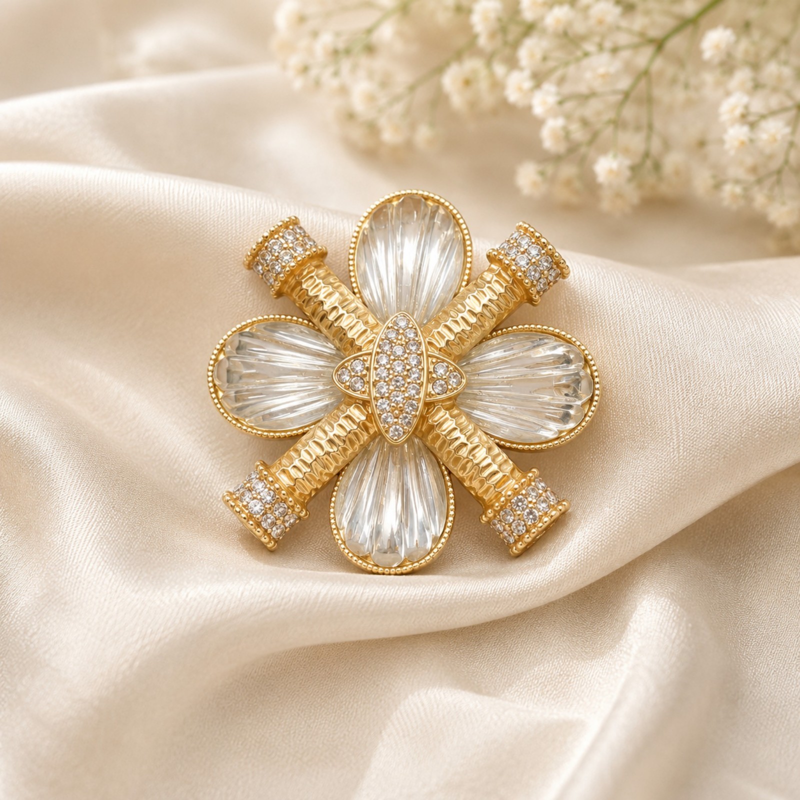 Gold Flower Brooch Crystal Floral Lapel Pin Vintage Wedding Jewelry Gift Her