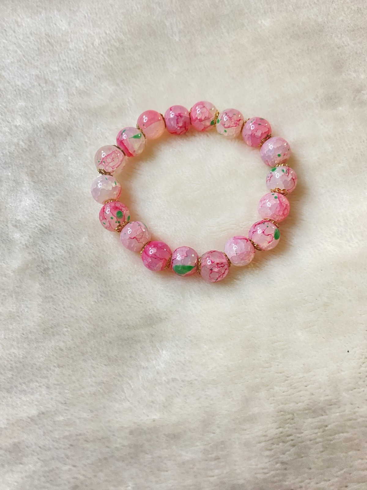 Pink White Beaded Stretch Stone Bracelet Round Less Than 8in