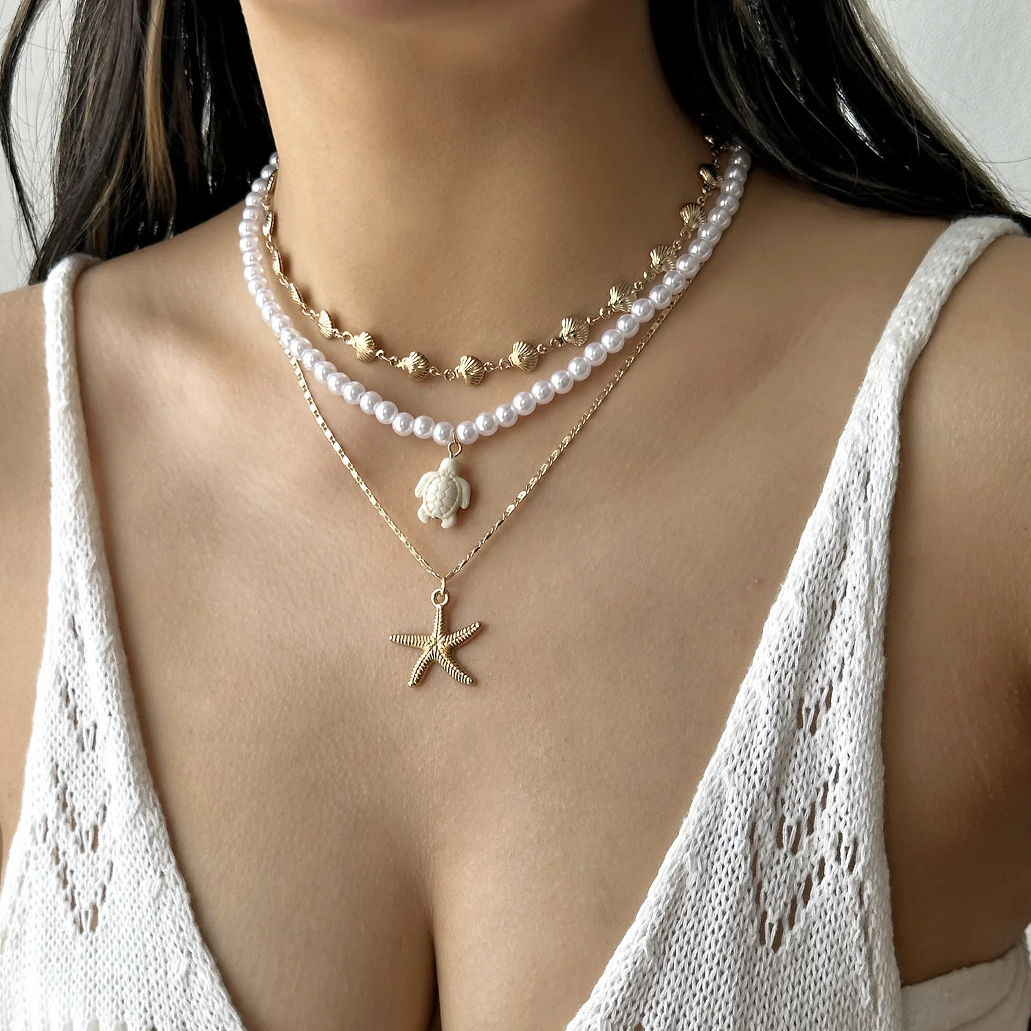 3Pcs/Set Pearl Starfish Sea Turtle Shell Necklace Bohemian Summer Beach Multi-la