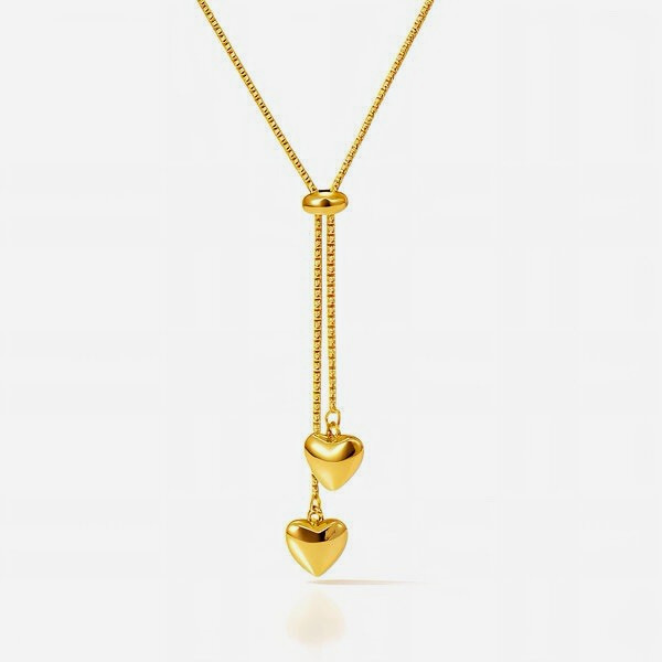 Gold Tone Metal Lariat Box Chain Necklace Double Heart Charm Pendant Love
