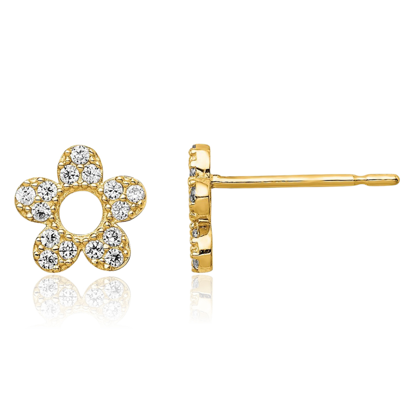 14K Solid Yellow Gold Cubic Zirconia Medium Flower Stud Earrings 6.8mm 1/4 inch