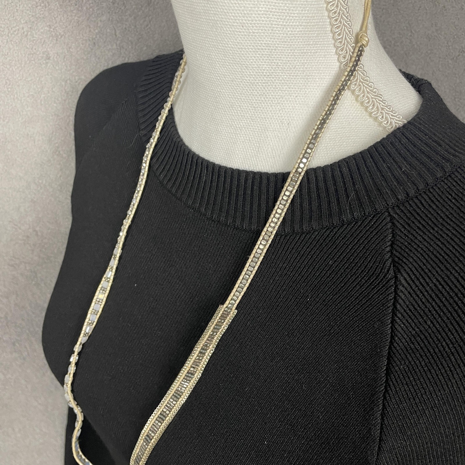 Necklace Beige Leather Gray Crystal Beaded Wrap Slide Long 35 In Womens Jewelry