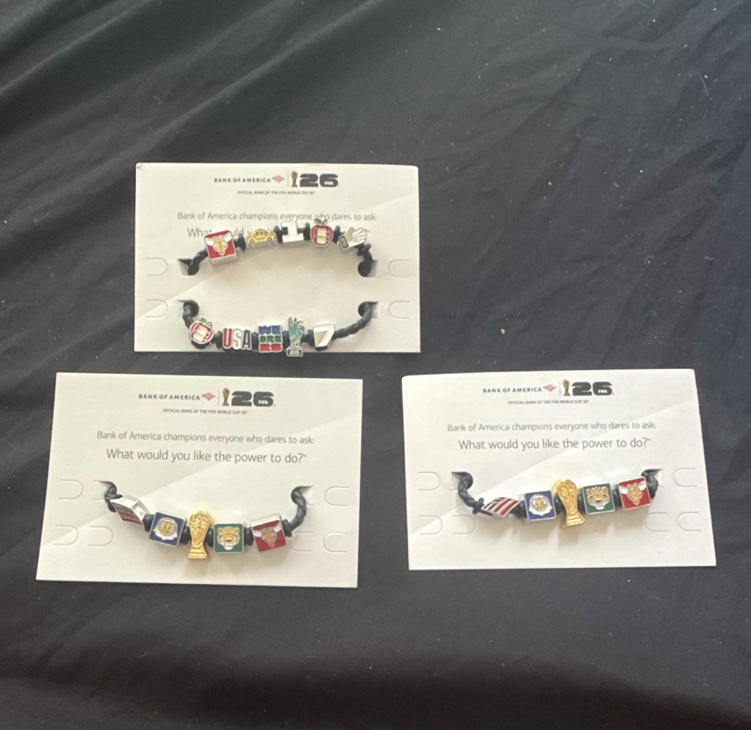 Bank of America USA 126th Anniversary Adjustable Cord Bead Charms Lot of 3