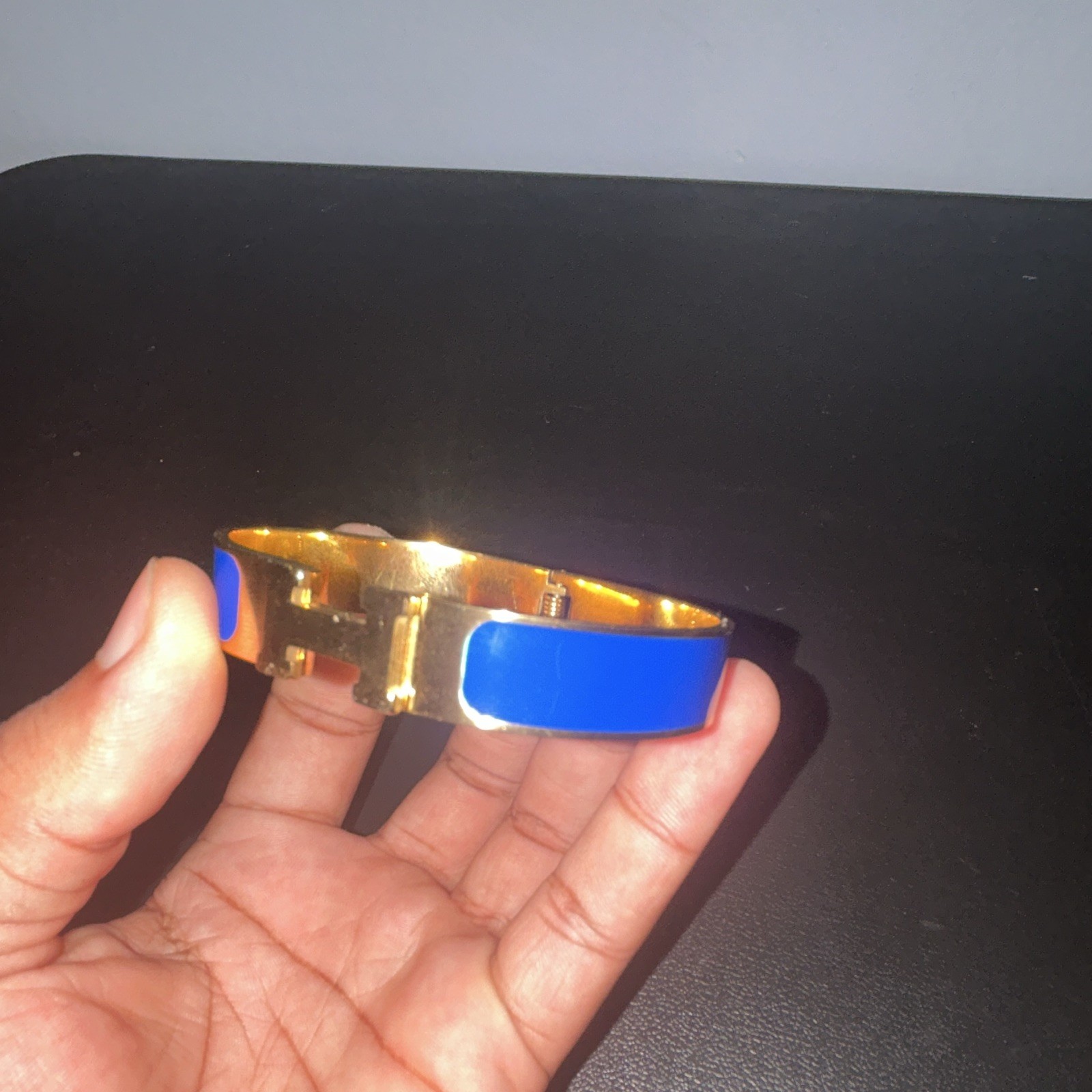 Hermès Gold Tone Blue Enamel Oval Hinged Bangle Cuff Bracelet, No Stone
