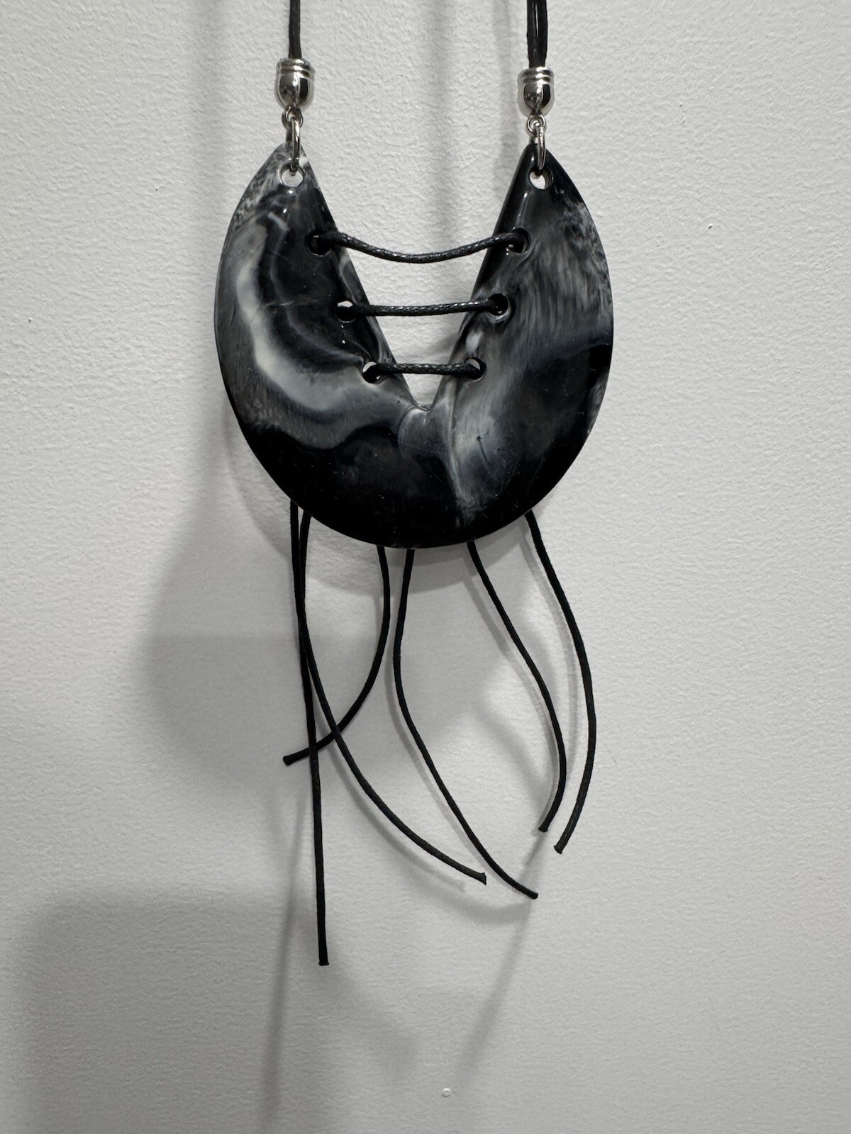 Custom made long necklace with black cords. 20” long (see pic), diameter 3.5”