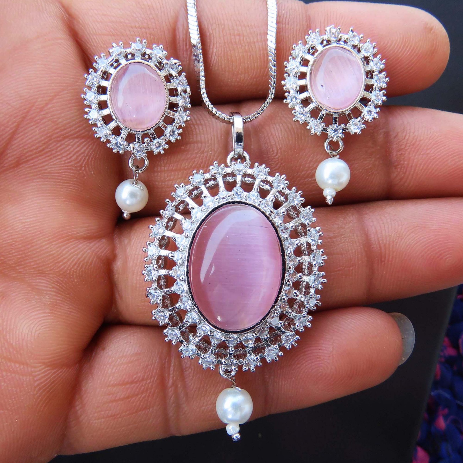 Cz Silver Plated Pendant Necklace Earrings Jewelry Set Womens , Pink Gemstone