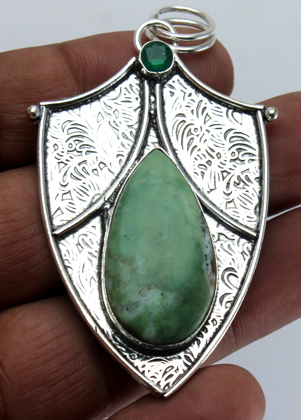 Green Jade Style Gemstone Pendant Ornate Silver Tone Shield Boho Tribal Artisan