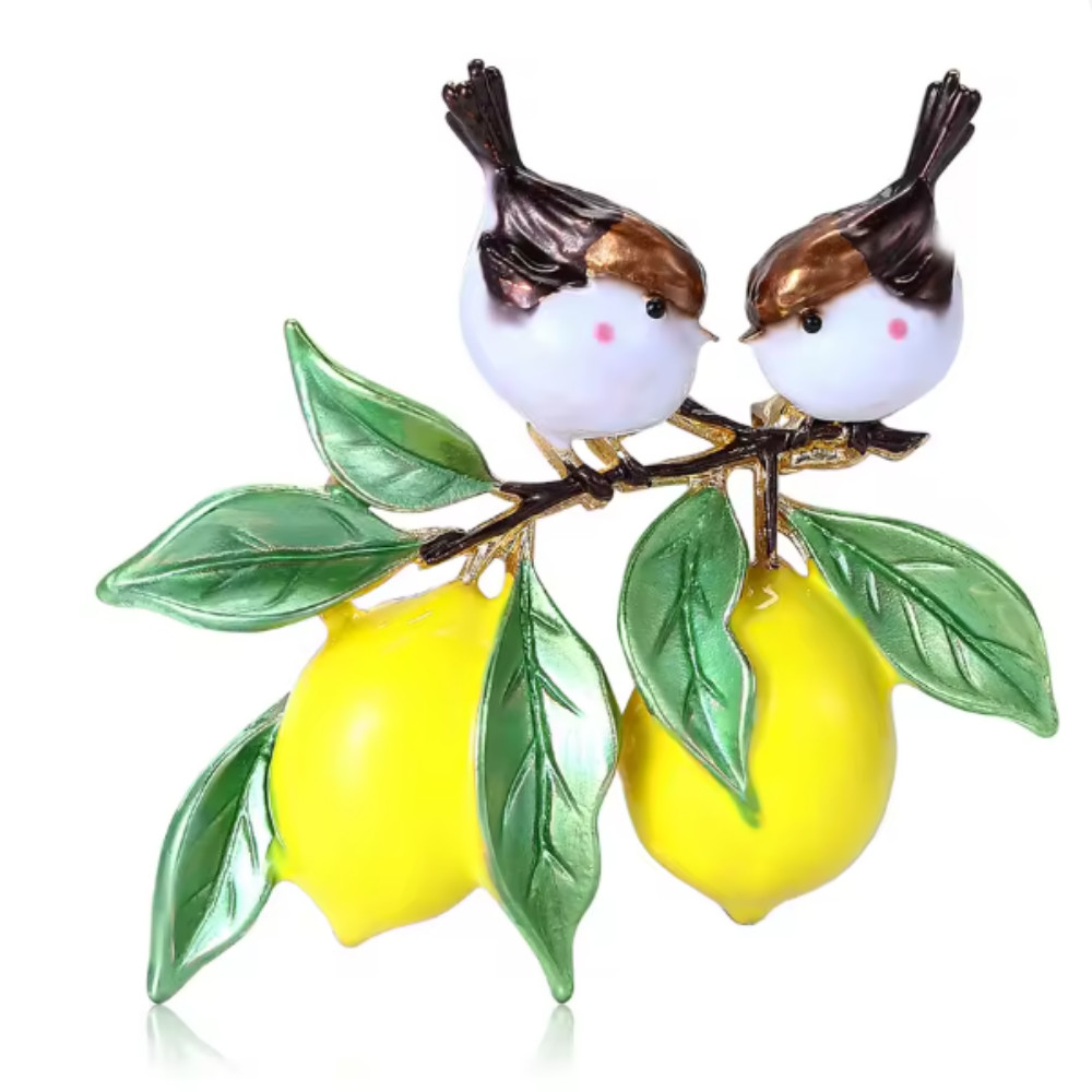 Sparkly Enamel Bird Brooch Animal Lemon Plants Gold Pin Spring Summer Jewelry G