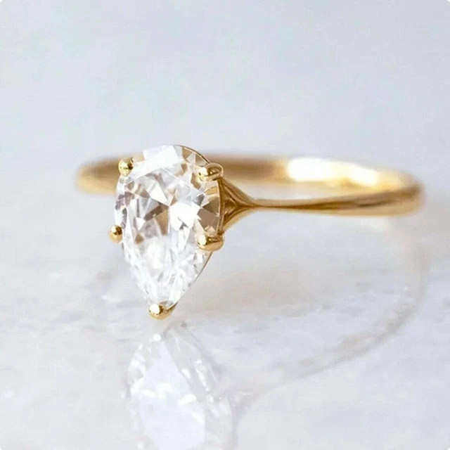 1 Ct Pear Cut Diamond Solitaire Engagement Wedding Ring 14K Yellow Gold Over