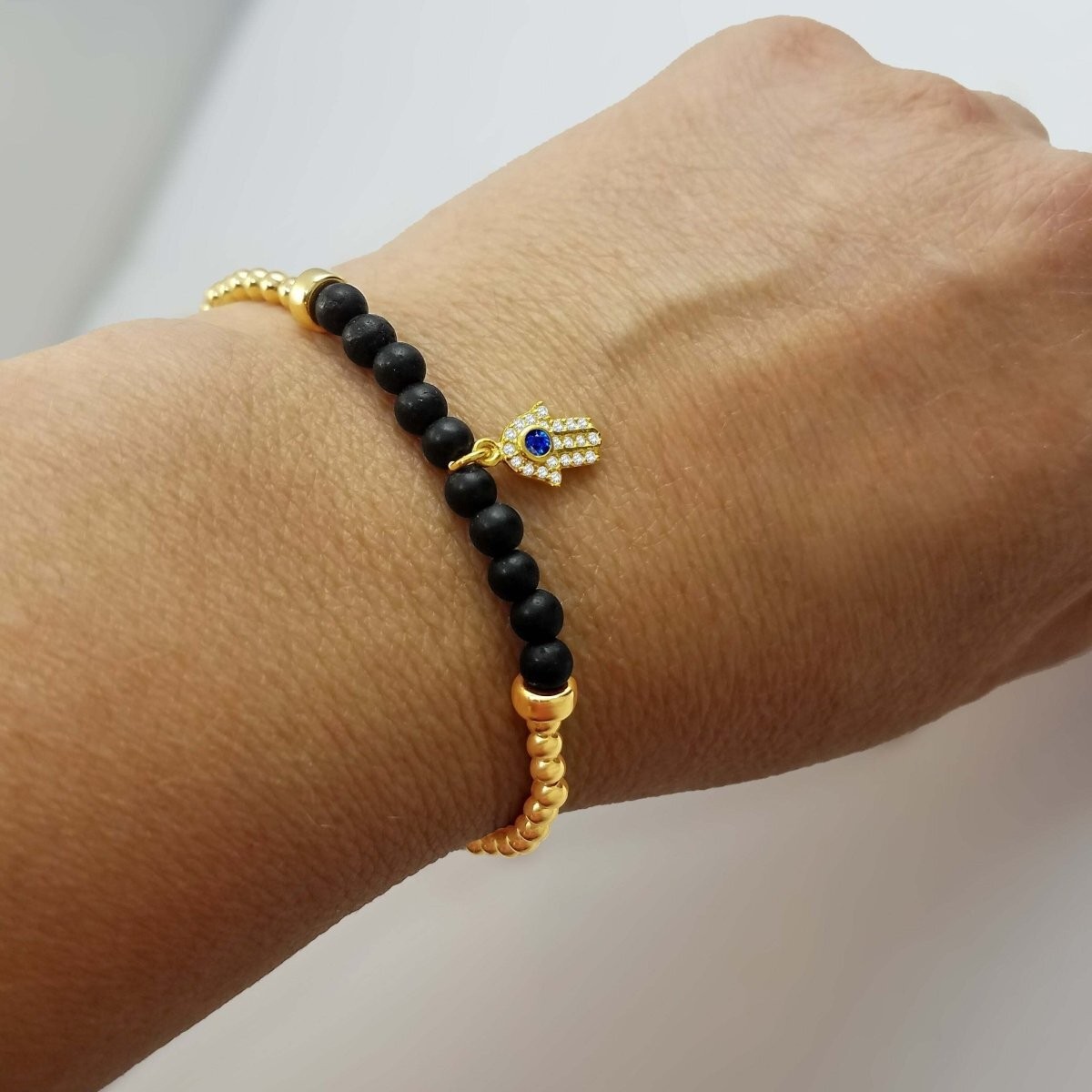 Hamsa Hand Beaded Bracelet 14K Gold Filled CZ Gemstone 6.75″ Lucky Charm