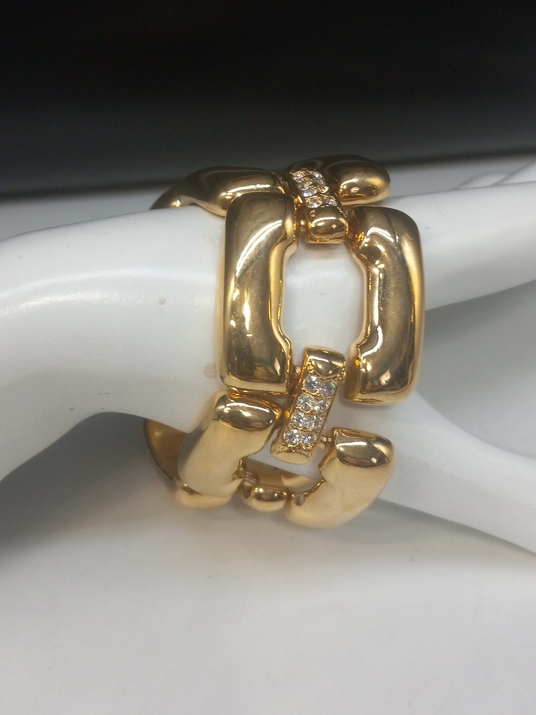 Rare BOLD ELEGANCE Gold Plated Crystals Wide Open Square Chain Link Bracelet