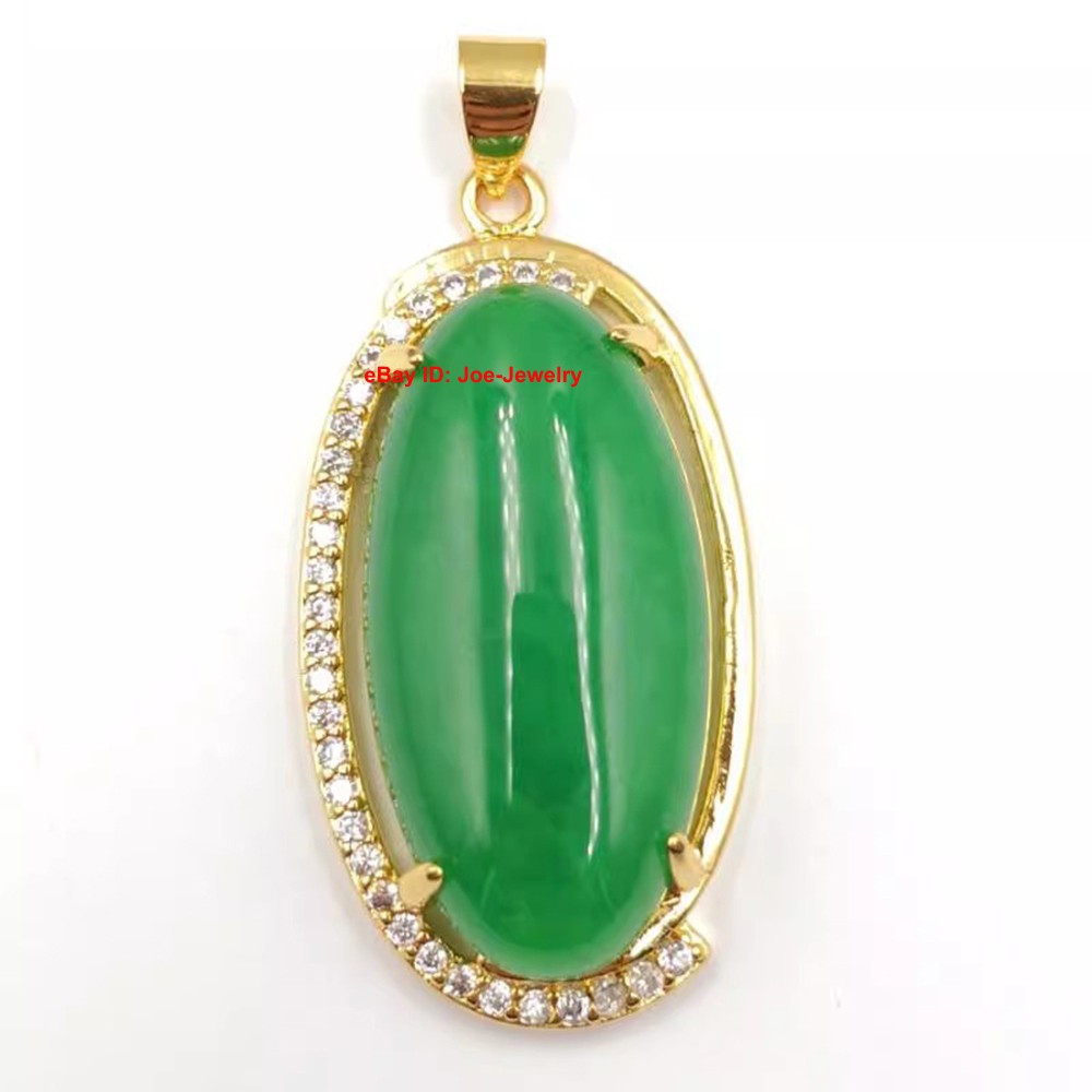 New Yellow Plated Alloy Heated Oval Green Jade Pendant 45mm H Bright
