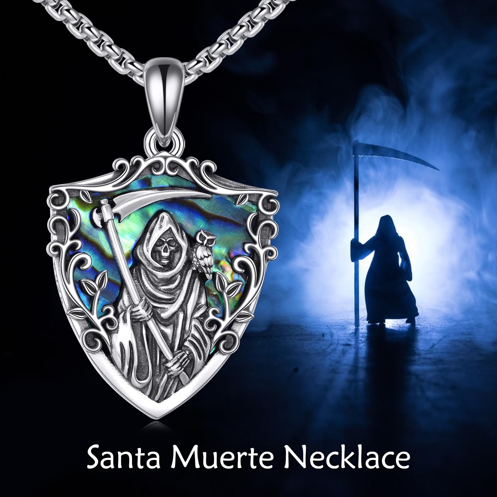 Santa Muerte Necklace 925 Sterling Silver Santa Muerte Grim Reaper Pendant Sa…