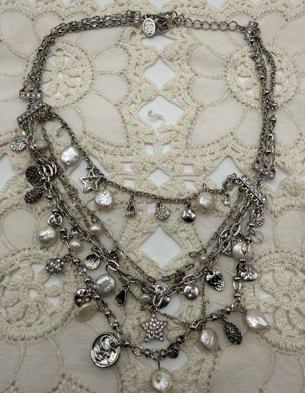 Tommy Bahama Silver Necklace Multi-Strand Freshwater Pearls Stars Beach Charms