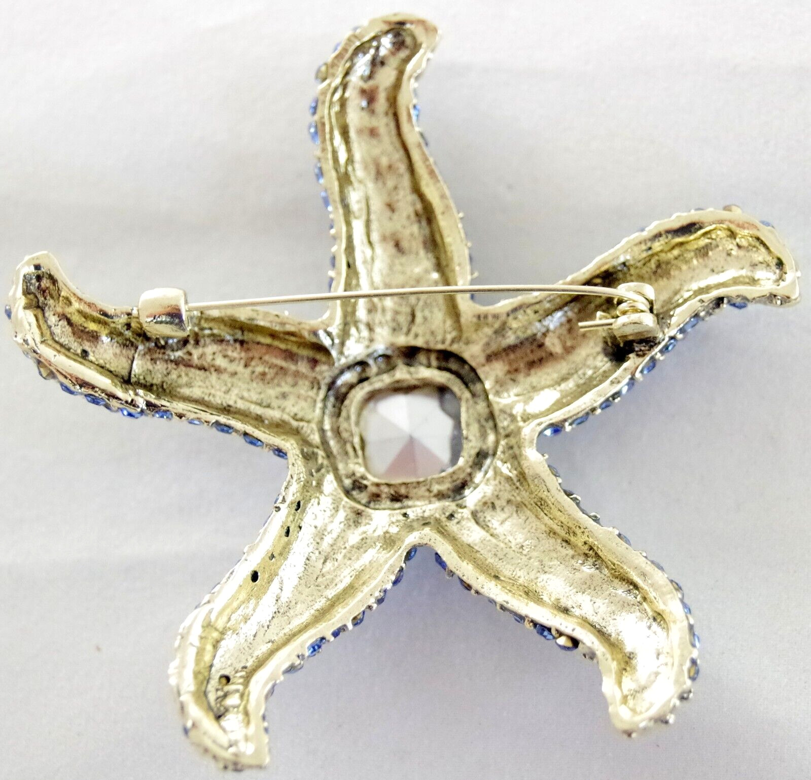 BIG UNSIGNED KENNETH JAY LANE INSPIRED BLUE RHINESTONE GLASS CAB STARFISH BROOCH