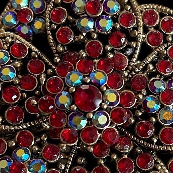 Vintage Elegant Red & Aurora Borealis Rhinestone Floral Pin Sparkling Brooch