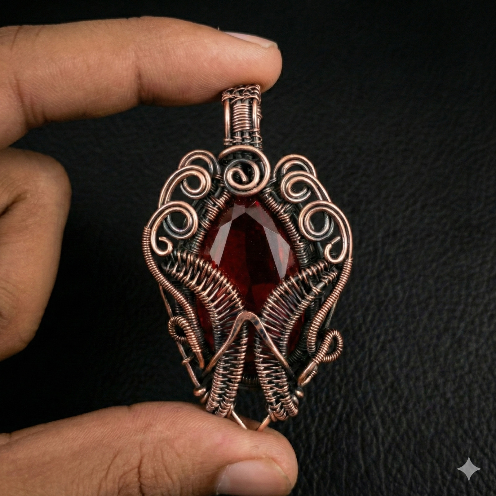 Artisan Wire Wrapped Antiqued Copper Red Ruby Quartz Pendant Statement
